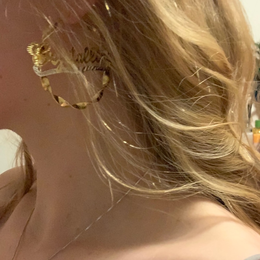 Tres Colori 18 Karat Gold Plated Nameplate Hoop Earrings: Crystal - Picture 3 of 13